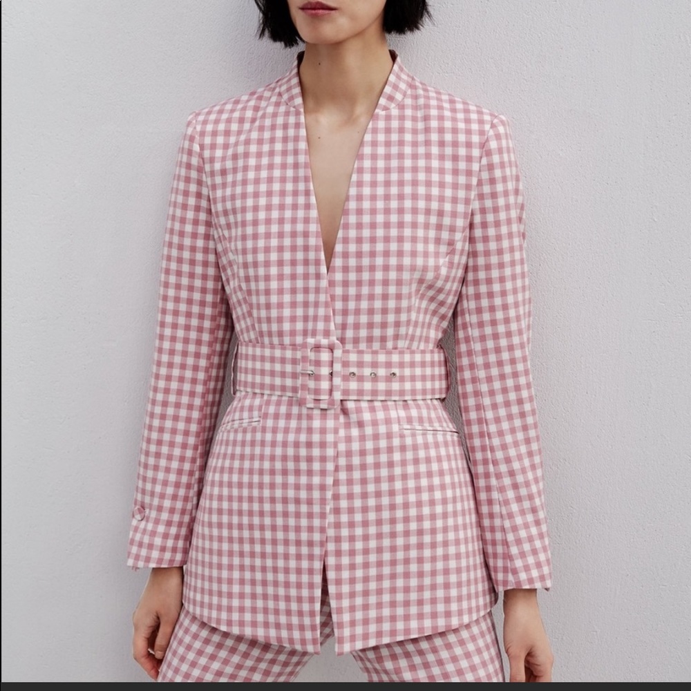NWOT Zara Pink Gingham Blazer Sz M